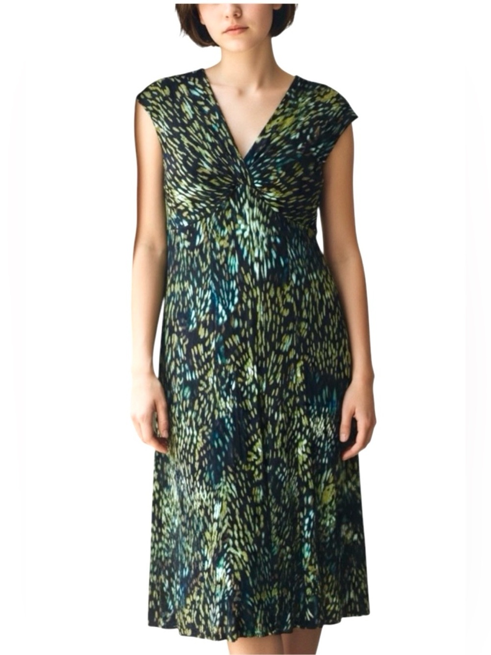 Jones New York Black & Green Abstract Long Midi Dress w/ Cap Sleeves - Size 6